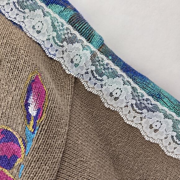 Vintage Sweater Women 1 (L XL) Handpainted Tiger Elephant 3D Flowers Tan Cropped - Picture 6 of 12